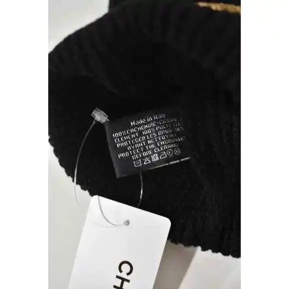 Chanel 22A Cashmere Black Gold Sequin CC Logo Beanie Winter Hat Cap Cloche - Picture 12 of 12